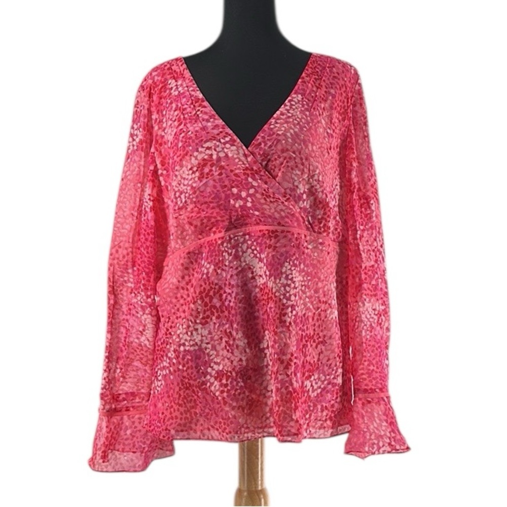 Ann Taylor silk blouse Pink Pattern Flowy v neck flattering top sz xl